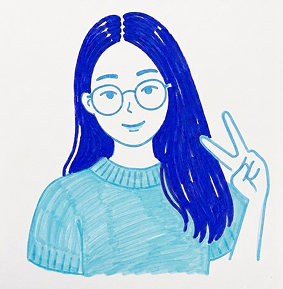 동그란 안경을 쓰고 스웨터를 입은 여성이 브이하고 있는 초상화