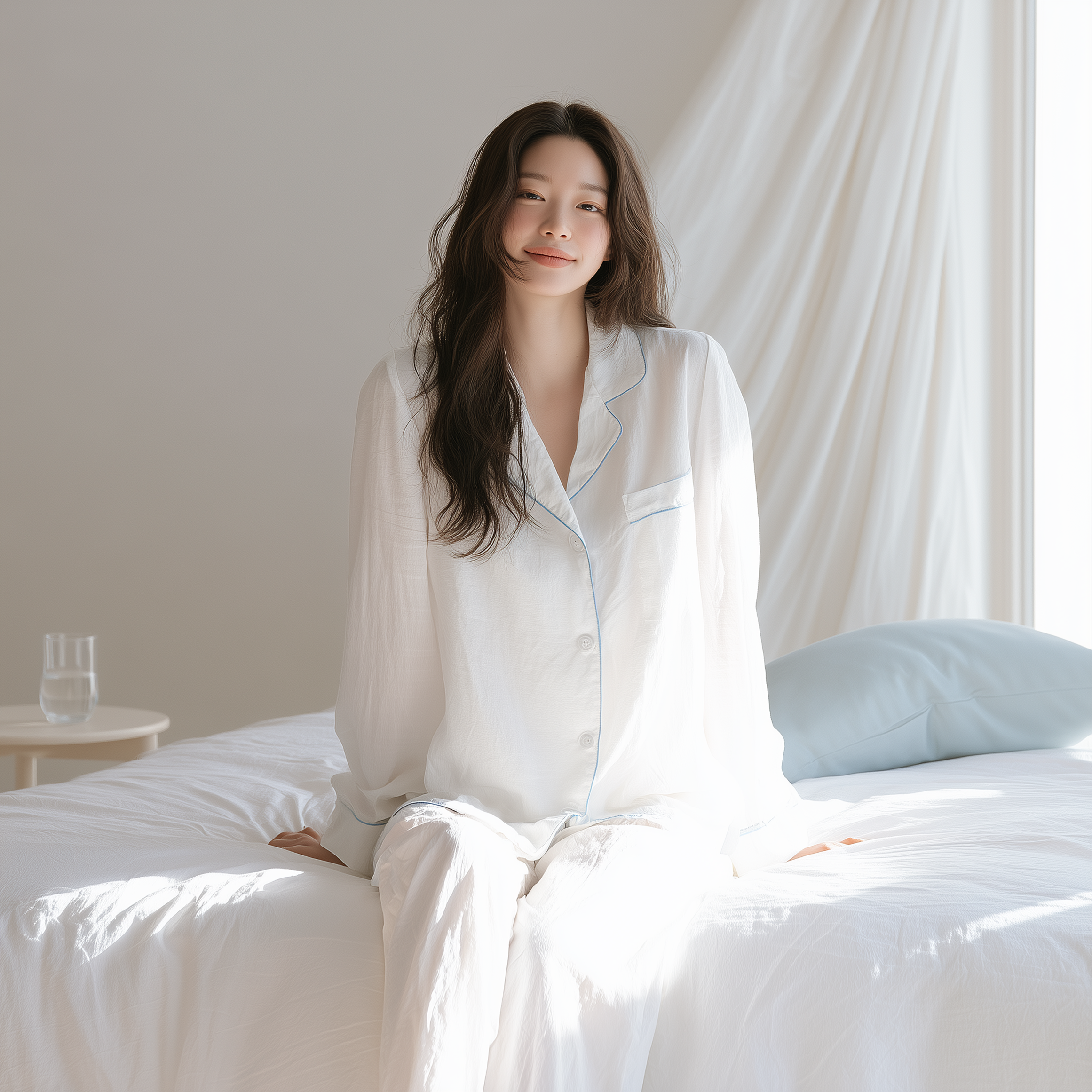 침대에 앉아 미소짓는 여성